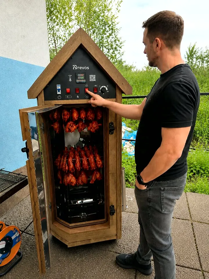 Klient w wędzarni DREVOS Family z pełnym ładunkiem kiełbas